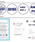 Certifications and test reports for Lightweight Safety Glasses With Adjustable Arms And Soft Nose Pad Built For All Day Comfort