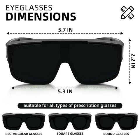 Shade5 Welding Goggles OTG Over Glasses dimensions 5.7x2.2 inches suitable for various prescription glasses.