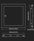 Dead Simple Six By Six Inch Drywall Access Panel Crafted From Bully Proof White Powder Coated Steel With Lockable Hardware side and top view dimensions.