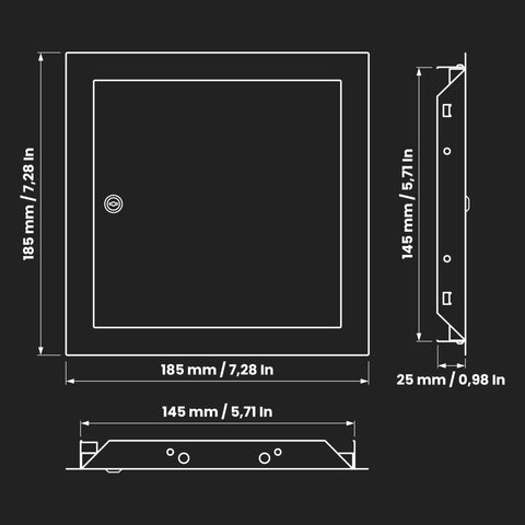 Dead Simple Six By Six Inch Drywall Access Panel Crafted From Bully Proof White Powder Coated Steel With Lockable Hardware side and top view dimensions.