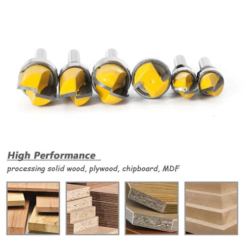 Six Piece Template Router Bit Set with Bearing for woodworking displayed with high-performance material examples