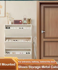 Slim 3 Flip Drawer Shoe Storage Cabinet, Hidden Narrow Wall Mount Metal Shoe Rack For Entryway, White, Space Saving Organizer