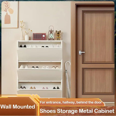 Slim 3 Flip Drawer Shoe Storage Cabinet, Hidden Narrow Wall Mount Metal Shoe Rack For Entryway, White, Space Saving Organizer