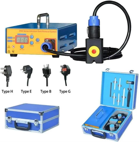 Powerful 1380W Paintless Dent Repair Kit For Cars And Trucks Fast No Damage Dents Removal Tool Set displayed with case and plugs.
