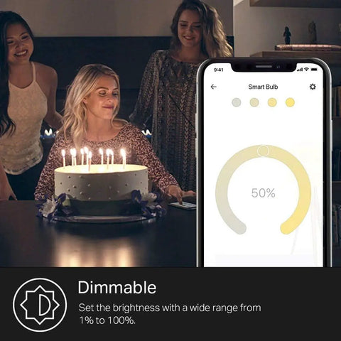 Birthday scene with cake and Smart LED Light Bulb KL110 app interface showing dimmable 50% option for ambient lighting.