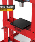 Close-up of 10 Ton Hydraulic Shop Press With Pressure Gauge And Press Plates, adjustable H Frame Benchtop Design in red.