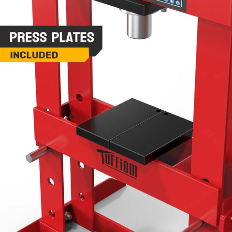 Close-up of 10 Ton Hydraulic Shop Press With Pressure Gauge And Press Plates, adjustable H Frame Benchtop Design in red.