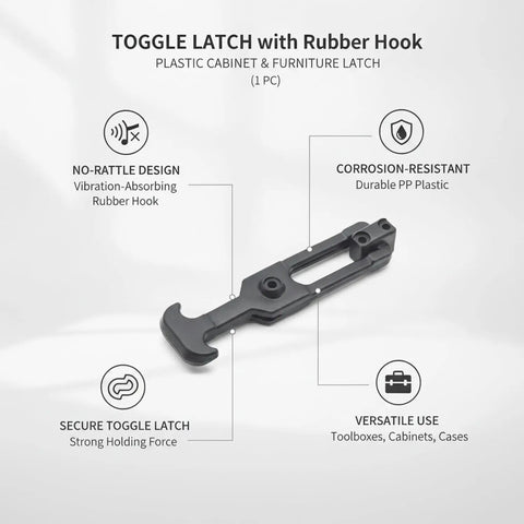 Heavy Duty Pull To Lock Toggle Latch With Rubber Hook For Cabinets And Furniture Fits Toolboxes And Storage Cases Plastic Construction Reduces Vibration And Noise During Transport