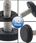 Stainless Steel Adjustable Furniture Levelers 10 Pack 5/16-18 Screw In Threaded Feet for chairs, tables, cabinets shown in detail.
