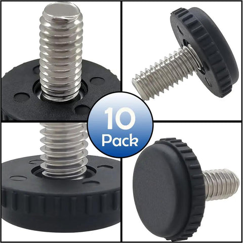 Stainless Steel Adjustable Furniture Levelers 10 Pack 5/16-18 Screw In Threaded Feet for chairs, tables, cabinets shown in detail.