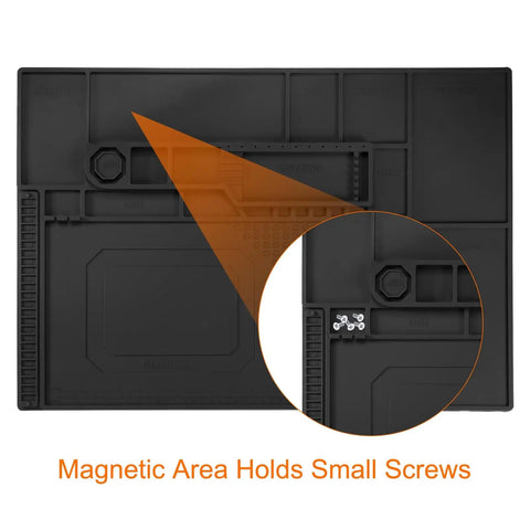 Close-up of Badass Magnetic Silicone Soldering Mat Work Station Repair Pad showing magnetic area for small screws.