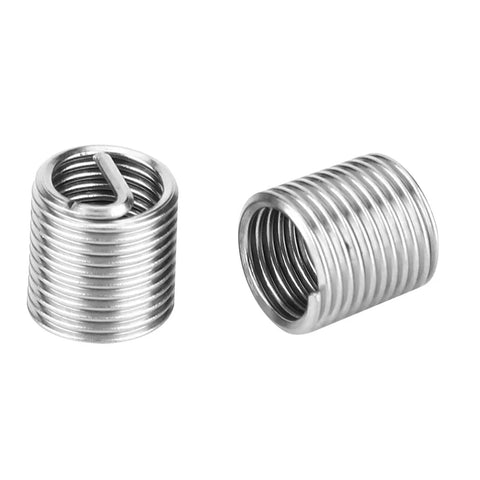 Two stainless steel threaded inserts from M7x1 Thread Repair Kit 25 Piece With Twisted Drill Tap Wrench Breaker Hex Wrench And 20 Stainless Steel Threaded Inserts For Easy Hole Repair In Auto Industrial Gear And Electronics DIY Friendly.