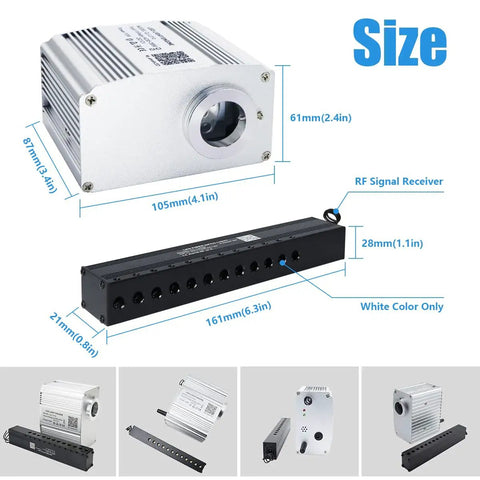 Shooting Star And Twinkle Fiber Optic Lights Kit For Home And Car, dimensions and components view.