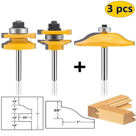 3 Piece Router Bit Set With One Quarter Inch Shank For Ogee Rail And Stile Cabinet Doors, Round Over And Raised Panel Profiles