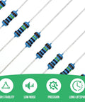 2600 Piece 0.25W Resistors Assortment Kit With Through Hole Axial Leads 1 Ohm To 10 Mega Ohm 130 Values close-up of resistors