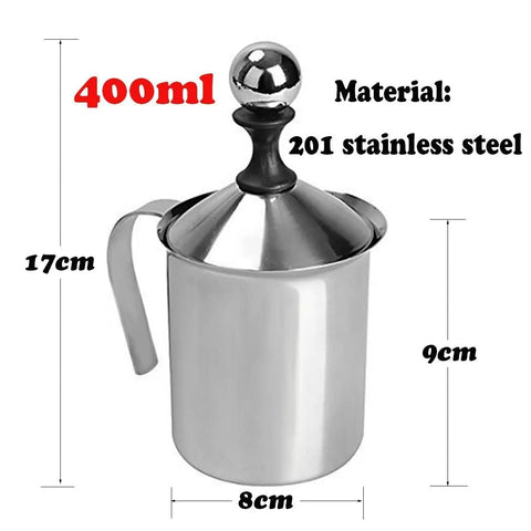 Stainless Steel Manual Milk Frother Handheld Foam Maker For Coffee Cappuccino Latte Hot Chocolate 14 Ounce 400ml No Battery Needed Quick Frothing In Seconds Ideal Tool For Home Barista Boss Breakfast Coffee, 201 stainless steel, 400ml capacity, dimensions displayed.