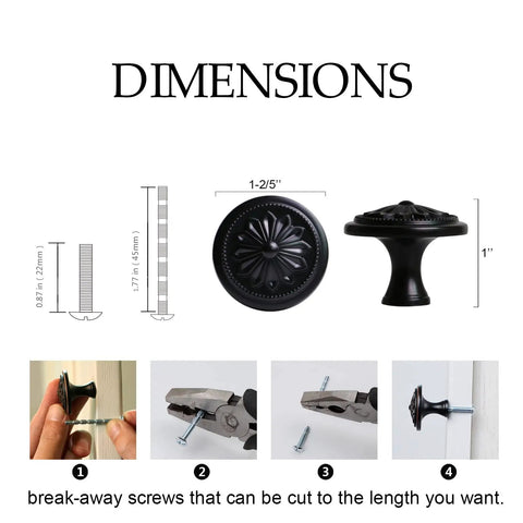 Dimensions of Matte Black Dope Round Cabinet Knobs Set of Fifteen for Cabinets and Drawers, 36mm Diameter Flower Shape Zinc Alloy Hardware