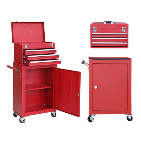 Rolling Garage Tool Organizer With Detachable 3 Drawer Chest, Large Storage Cabinet And Adjustable Shelf, Red Tool Chest