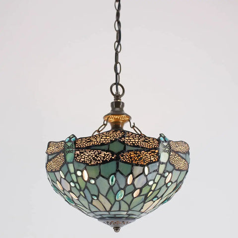 Sea Blue Stained Glass Dragonfly Tiffany Pendant Light Plug In 12 Inch Hanging Lamp for Island Kitchen Bar Hallway Dining Bedroom Entryway Home Office UL Listed S147 Series