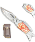 Copper Damascus Fish Style Folding Knife With Ladder Pattern Blade, brass handle, and leather sheath, side view