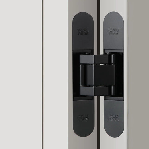 Close-up of Invisible 5.5 Inch 3 Way Adjustable Concealed Door Hinges Matte Black Zinc Alloy 180 Degree Swing Hidden Butt Hinge