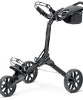 Side view of a Nitron Golf Push Cart With Auto Open Technology And Top Lok System, lightweight aluminum frame, black and slate finish.