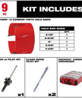 Hustle Ready 9 Piece Hole Saws Kit With Compact Tote For Milwaukee Tools Featuring 3 Tooth Carbide Design To Slice Through Nails Plaster And Wood With Lightning Fast Cuts And Extended Life, 9-piece kit with 2-1/8 to 4-5/8 in hole saws