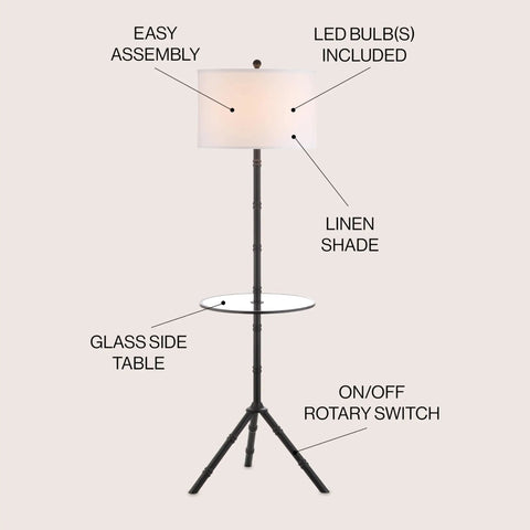 Oil Rubbed Bronze LED Floor Lamp With Built-In End Table, 62-Inch tripod-style with white linen shade and glass table, LED bulb included.