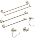 Preston Collection 24 Inch Single Wall Mounted Towel Bar In Brushed Nickel Finish alongside matching bathroom accessories.