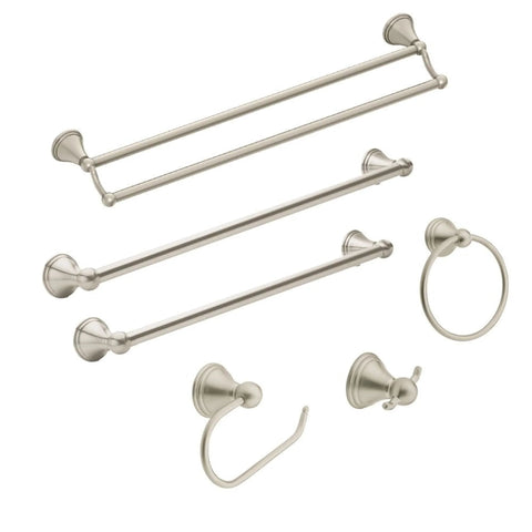 Preston Collection 24 Inch Single Wall Mounted Towel Bar In Brushed Nickel Finish alongside matching bathroom accessories.