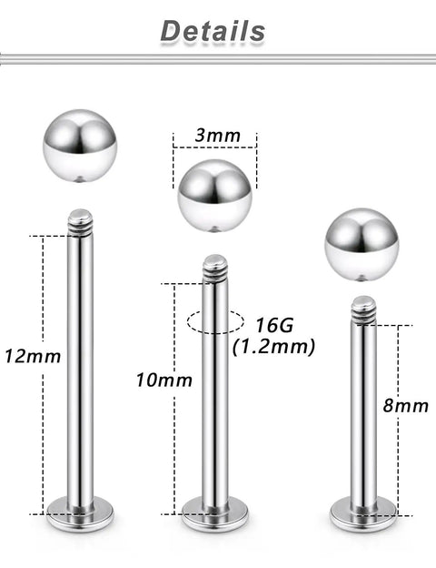 16G Lip Labret Monroe Medusa Ashley Nose Ring Set In 316L Surgical Steel Silver For Women Men, Snake Bite Tragus Helix Cartilage Piercing Jewelry, Barbell Style, 6mm 8mm 10mm 12mm Lengths; 3mm ball