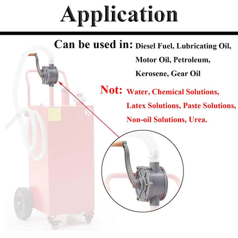 Aluminum Drum Rotary Hand Pump For 30 To 40 Gallon Gas And Diesel Caddy, Easy To Handle, One And A Quarter Inch Inlet And Outlet Pipe, Portable Oil Transfer Pump For Fast, Reliable Fuel Moves. shown on fuel caddy
