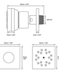 Technical diagram of Matte Black Shower Jet Body Spray Kit dimensions and nozzle layout, showing side and front views.