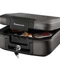 Charcoal Gray Fireproof And Waterproof Safe Box With Key Lock For Money And Passport Stash Portable Travel Chest Showing Open Lid