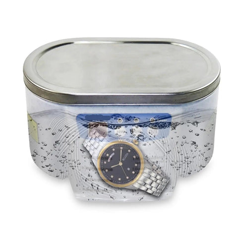 Powerful 628 Ml Ultrasonic Cleaner For Jewelry, Glasses And Circuit Boards With 30W Motor with water and watch inside.