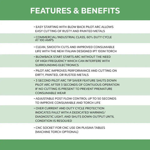 Product features and benefits list for CNC Plasma Cutter With Blowback Start For Beast Mode Cutting, 100 Amp Output
