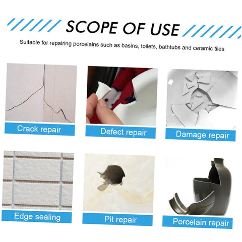 Tile Repair Kit Quick Drying Epoxy Glue For Ceramic Tiles And Porcelain Enamel showing uses like crack and damage repair.