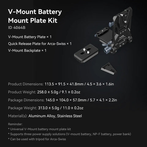 Foldable V Mount Battery Plate With Tool Free Quick Install Arca Compatible Baseplate For Mirrorless And DSLR Cameras Modular Plate For NEEWER V Mount Battery PS099E Fits Compact Video Rigs And On Camera Setups, displayed with components on black background