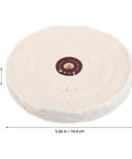 Two Pieces Of Versatile Cotton Polishing Buffing Wheels For Fast Bench Grinder Work That Delivers A Blinding Mirror Finish On Wood Metal And Stone Surfaces Every Single Time - detailed view of a beige cotton polishing wheel.