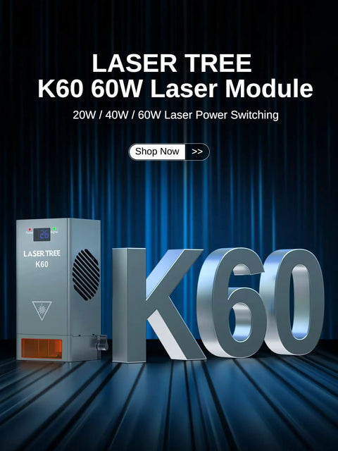 60W Diode Laser Cutter Module For Laser Engravers With Air Assist displayed with K60 lettering, on a blue background.