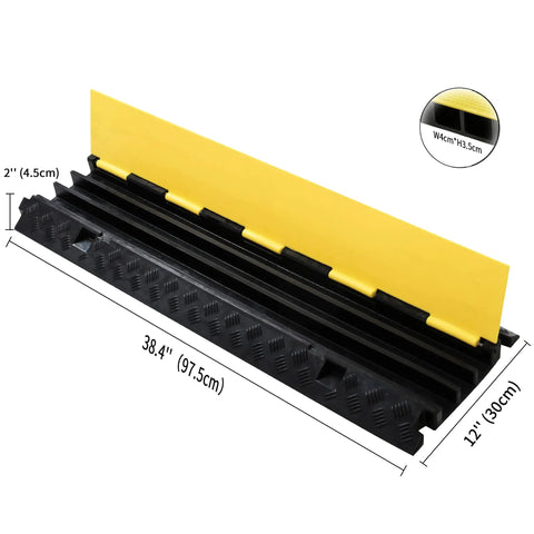 Two Pack 3 Channel Cable Ramp Protector For Wires And Hoses, Heavy Duty PVC Rubber Cord Protector Ramps, side view with measurements