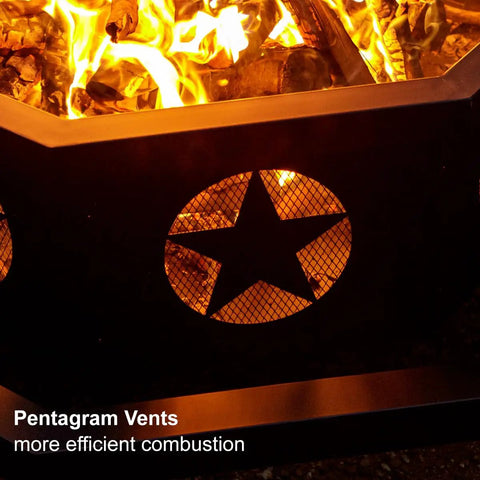 Close-up of the 42 Inch Outdoor Fire Pit With Heavy Duty Wood Burning Design, showing octagonal vent with star motif for combustion.