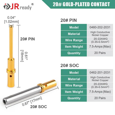 Ultimate JRready Deutsch DTM Connector Pins And Sockets Kit Size 20, gold-plated pin and socket for automotive wiring, 20 pairs included.