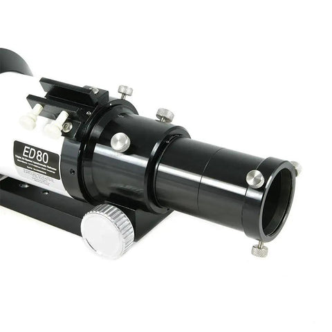 Close-up of 80mm Triplet Refractor Telescope With ED Glass And Air-Spaced Apochromatic Design focusing mechanism and tube.