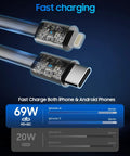 Close-up of USB-C and Lightning connectors with fast charging feature for Retractable 69W USB C 4 In 1 Fast Car Charger For iPhone 17 And 17 Pro Max Air 16 15 14 13 Galaxy Pixel With Hidden Cable Car Truck Accessories Road Trip Essentials Gift For Men And Women.