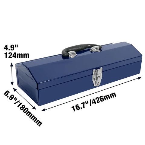Kickbutt 16 Inch Hip Roof Portable Steel Tool Box With Heavy Duty Metal Latch And Scratch Resistant Powder Coated Blue Finish Built For The Weekend Warrior Ready To Stow Your Favorite Grease Monkey Gear Without The Sweat