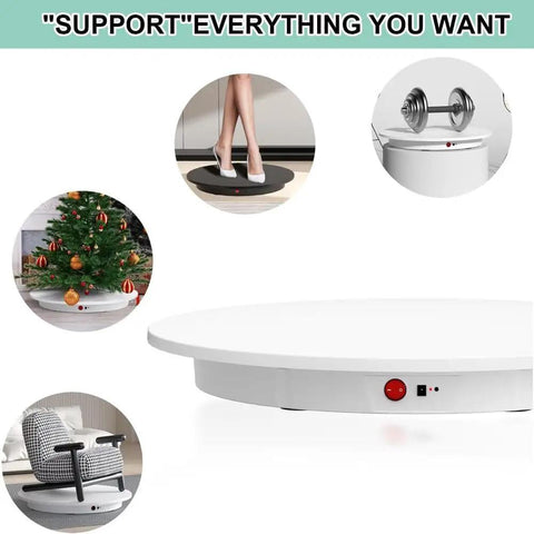Massive 52cm Motorized Rotating Turntable For Product Photography showing various uses, including a chair and dumbbells.