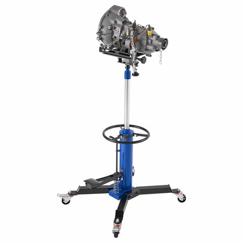 Beefed-Up Hydraulic Transmission Jack, 1660 Lbs Capacity, Telescoping Lift From 34.6 To 69.3 Inches, Blue, with transmission mounted