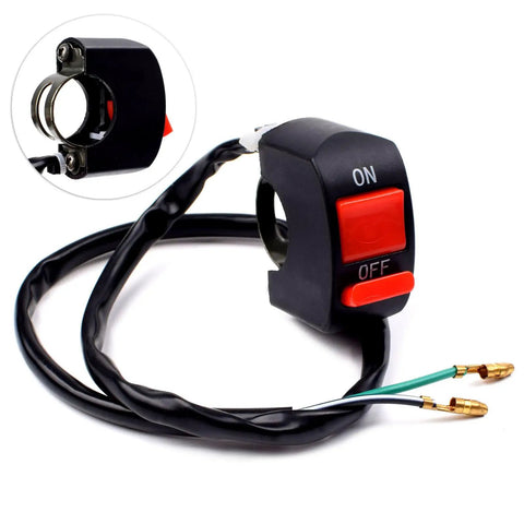 Close-up of an on-off switch with wiring from a Seven Eighths Inch 22mm Twist Throttle Cable Kit With Rubber Grip Handles For 50cc 90cc 110cc 125cc 4 Stroke Pit Dirt Bikes And Mini ATVs Includes One Throttle Cable Two Grips Aluminum Clamp
