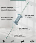 Heavy-duty slide hammer with sure-grip T-handle and chrome plated long shaft for tight spaces, featuring precision threads.